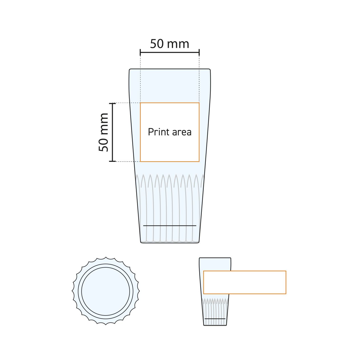 Technische werktekening van bierglas Gaetan 40 cl. met aanduiding van drukgebied.