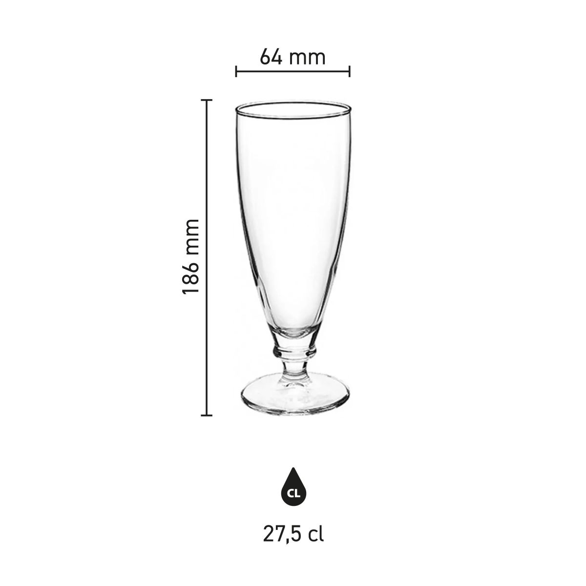 Infographic showing product dimensions of the Harmonia beer glass 27.5 cl. including height and diameter.