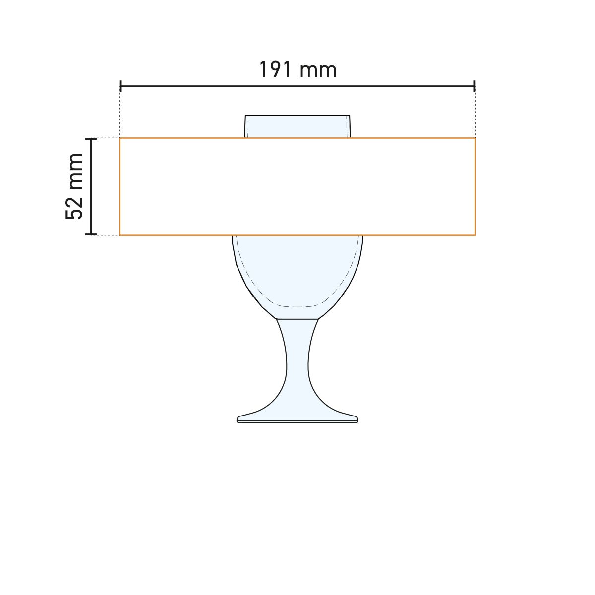 Working drawing of beer glass Munich 26 cl with indication of printing area, suitable for printing and positioning.