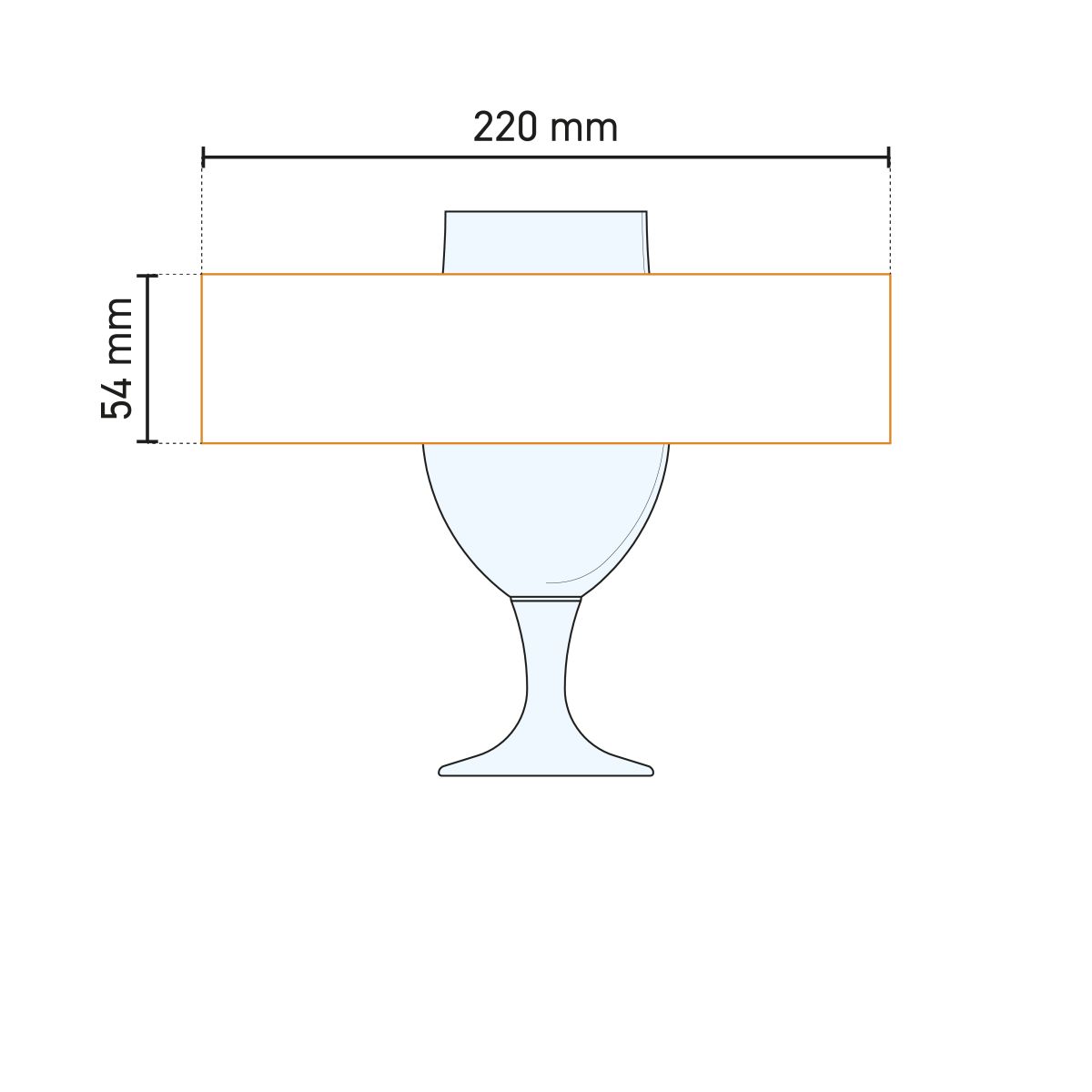 Technical working drawing of the printing area on the Munich 38 cl beer glass.
