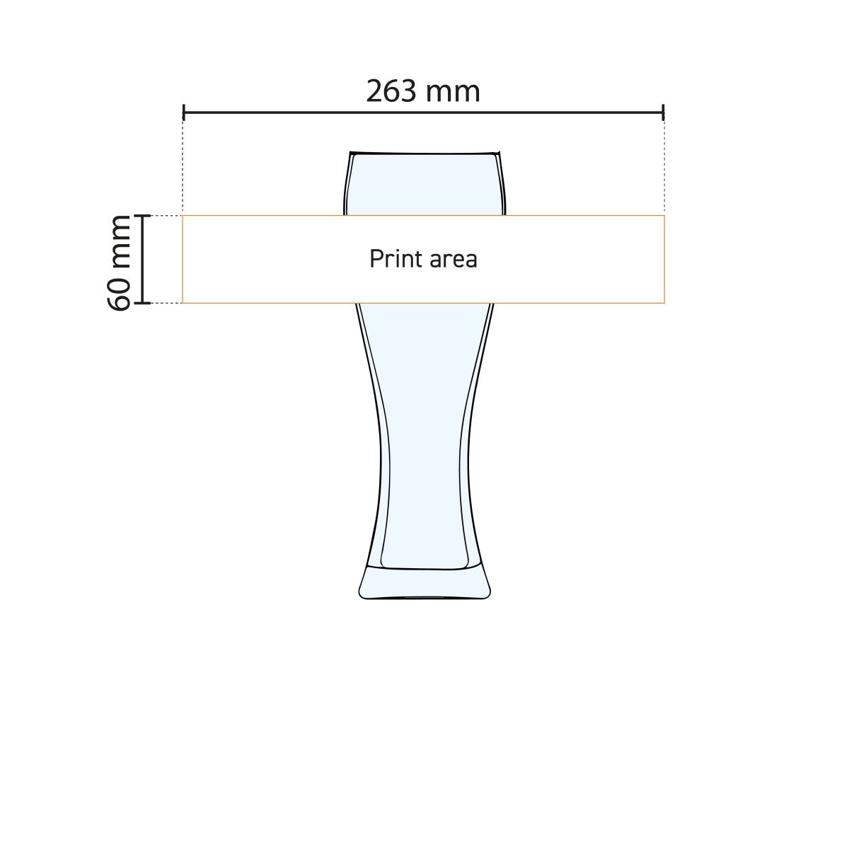 Technical working drawing indicating the printing area on the Pantheon beer glass 50 cl. TAPMAAT size.
