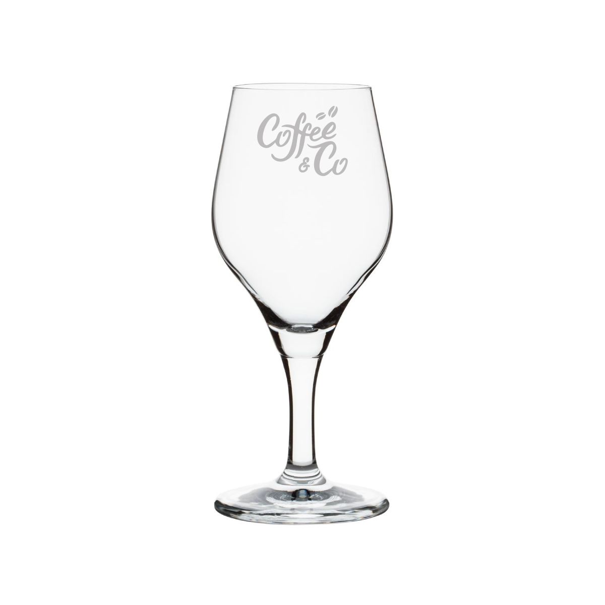Gravure van het CoffeeCo-logo op het vooraanzicht van het Ronceva proefglas 25 cl.