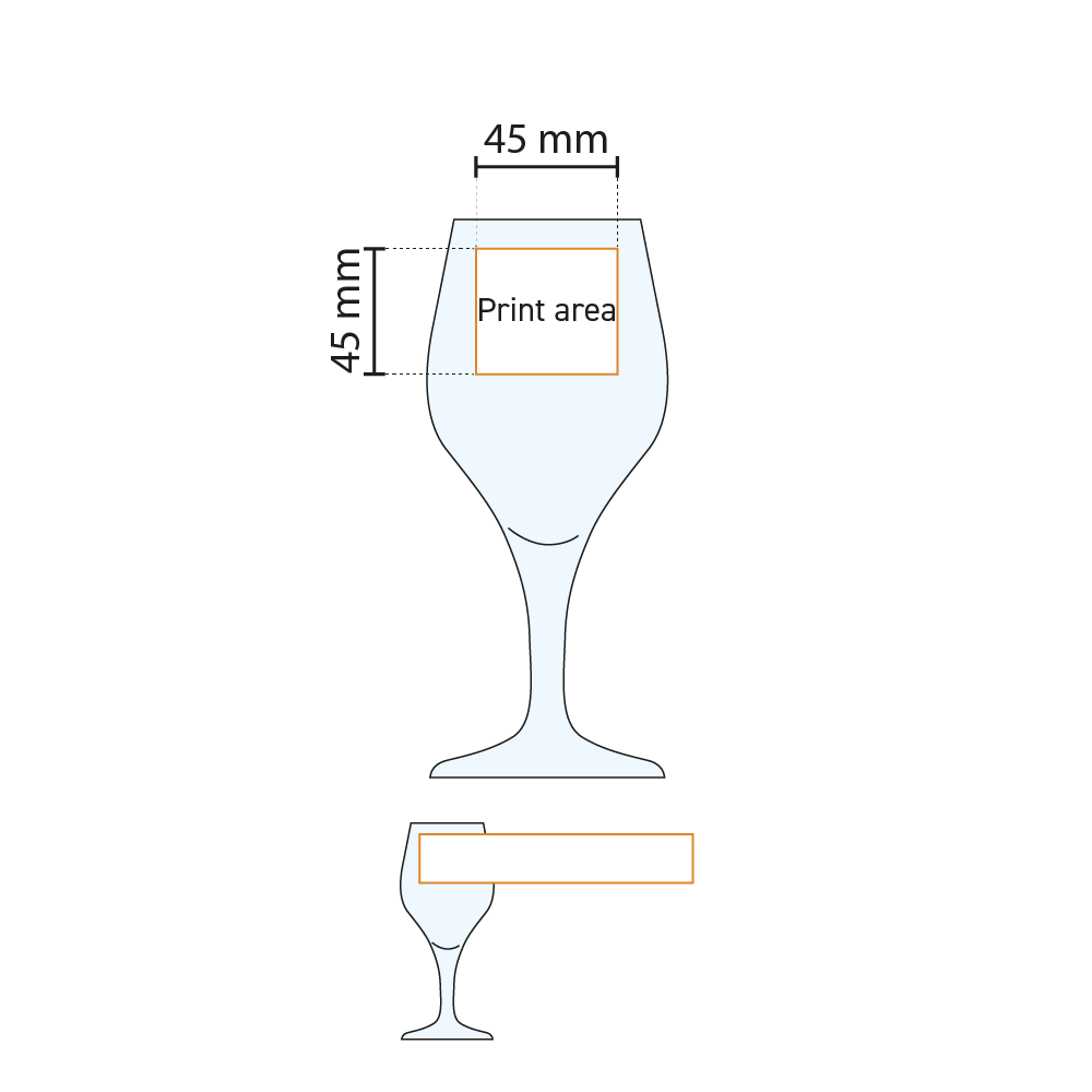 Technical working drawing with printing area for printing on beer glass Ronceva 40 cl.