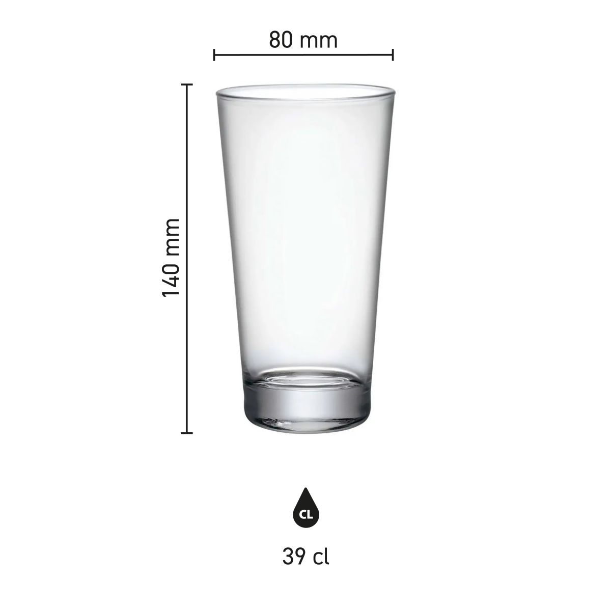 Infographic met maatvoering van het bierglas Sestriere 39 cl. inclusief hoogte en diameter.