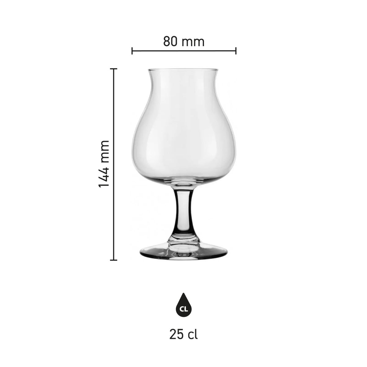 Infographic van het Bierglas Specials Tasting 25 cl met productafmetingen in hoogte en diameter.