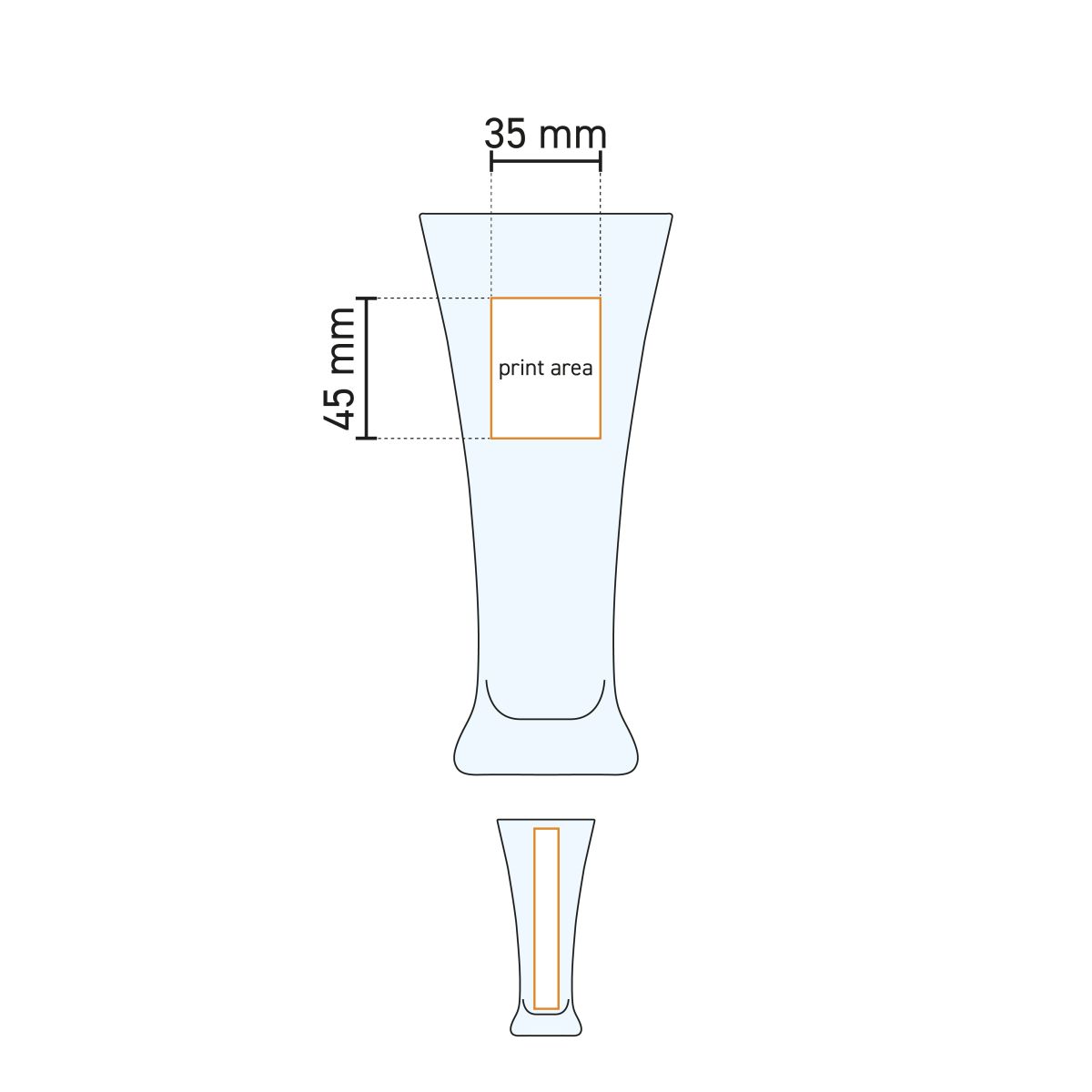 Gedetailleerde werktekening met drukgebied voor logo’s op het Tuborg bierglas 34 cl.