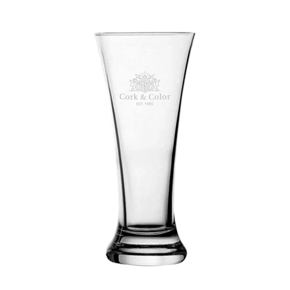 Gegraveerd CorkColor-logo op het vooraanzicht van het Tuborg bierglas 34 cl. in helder glas.