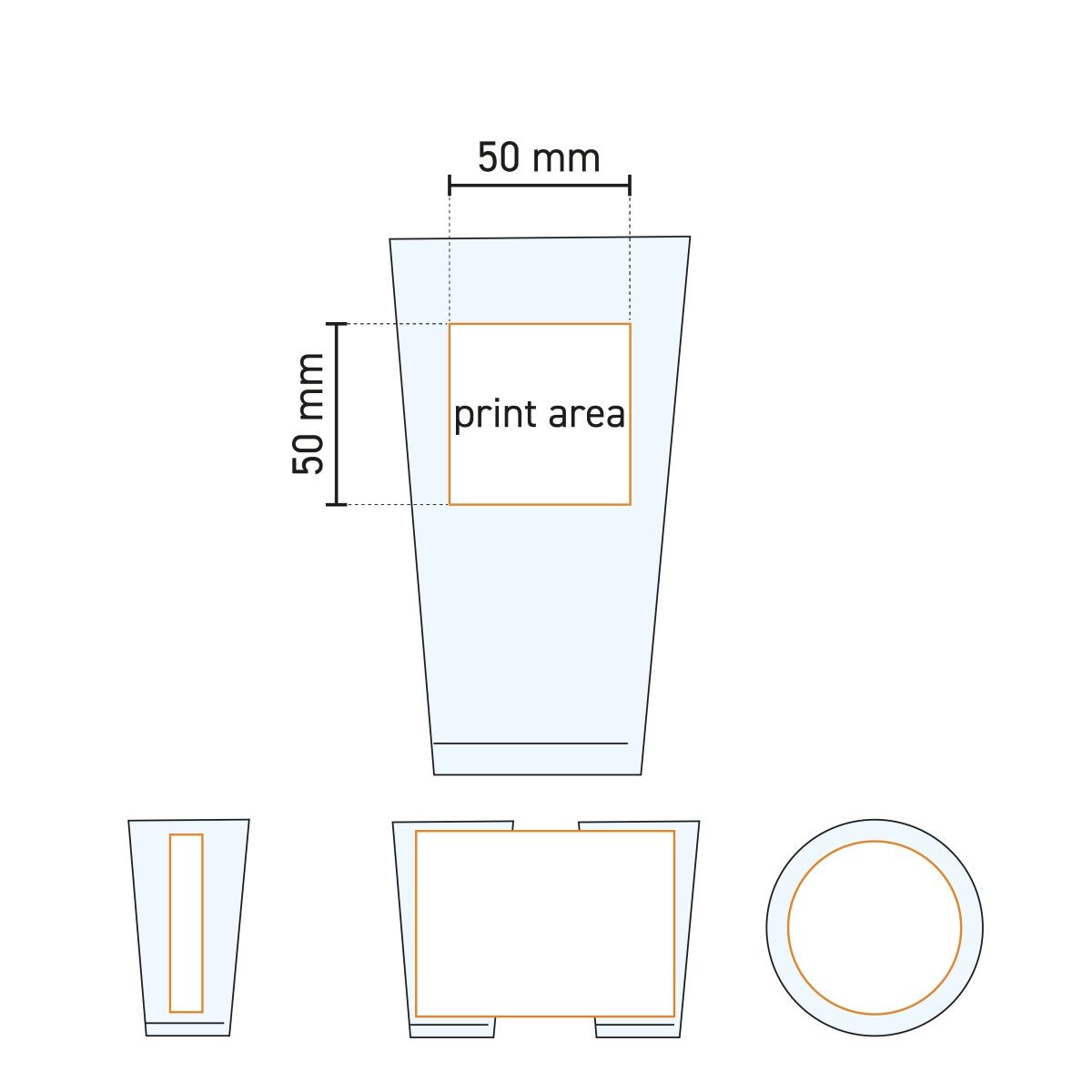 Technical working drawing of the printing area on the Beer Pint glass 34 cl. for logo placement.