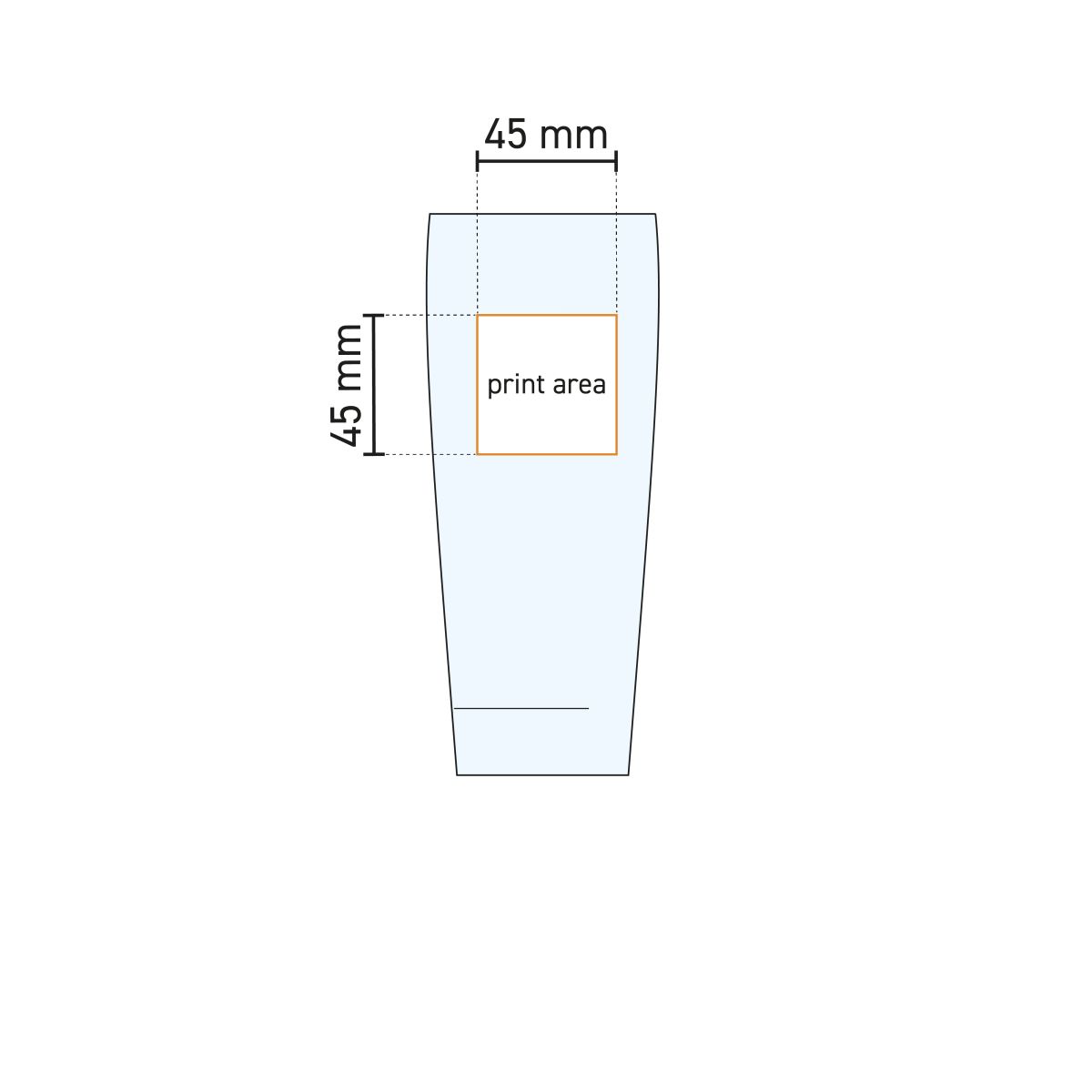 Technical working drawing of the printing area on the Willy catering beer glass 33 cl.