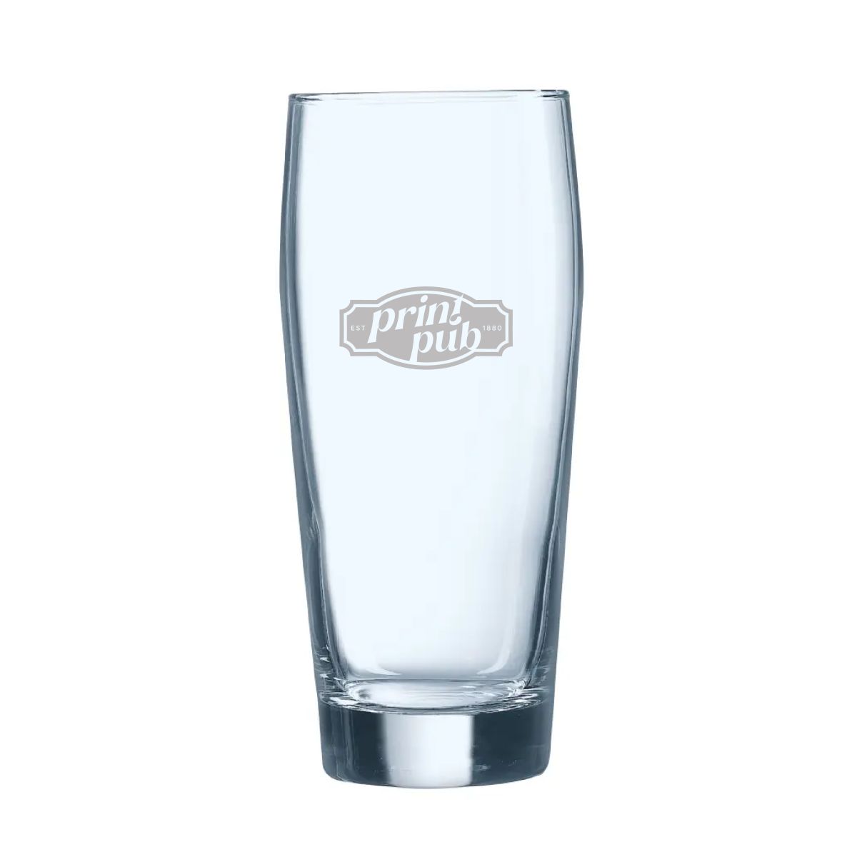 Engraving of PrintPub logo visible on front of beer glass Willy 33 cl. hospitality .