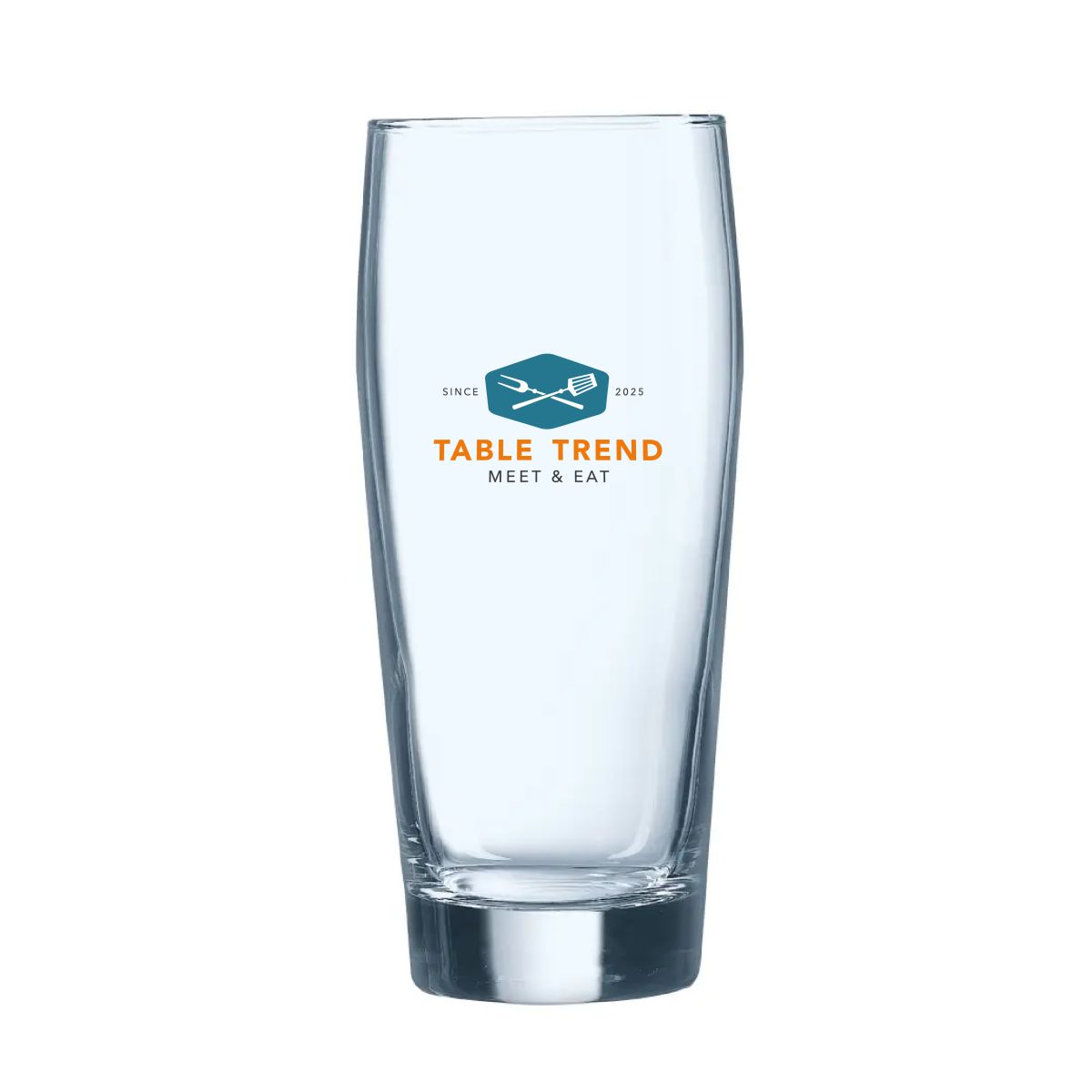 Willy catering beer glass 33 cl. with multi-coloured TableTrend logo printed on the front face.