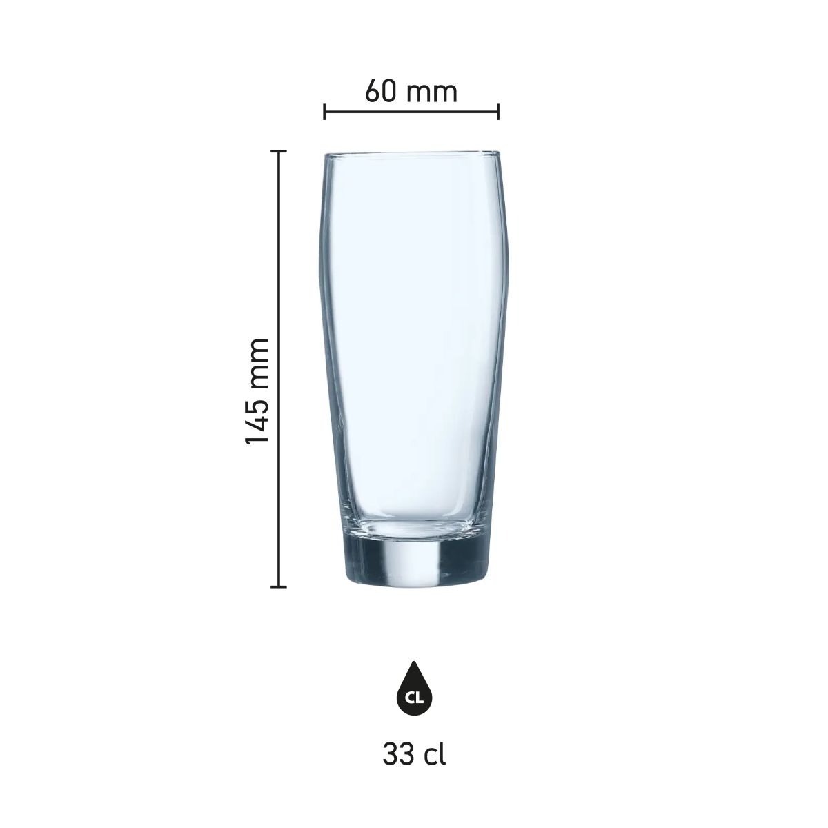 Infographic of beer glass Willy hospitality 33 cl. with height, diameter and capacity.