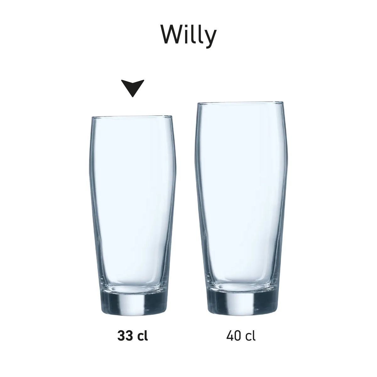 Overview of the Willy glasses in series, presented as a hospitality glass line.