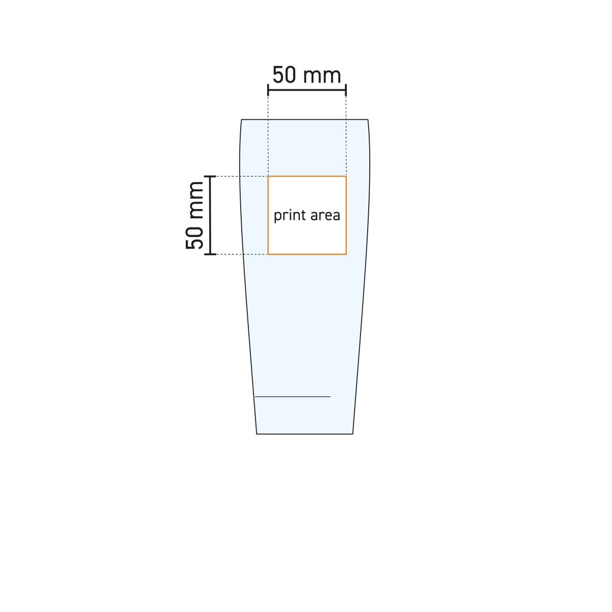 Technical working drawing of the printing area on the Willy 40 cl beer glass for printing.