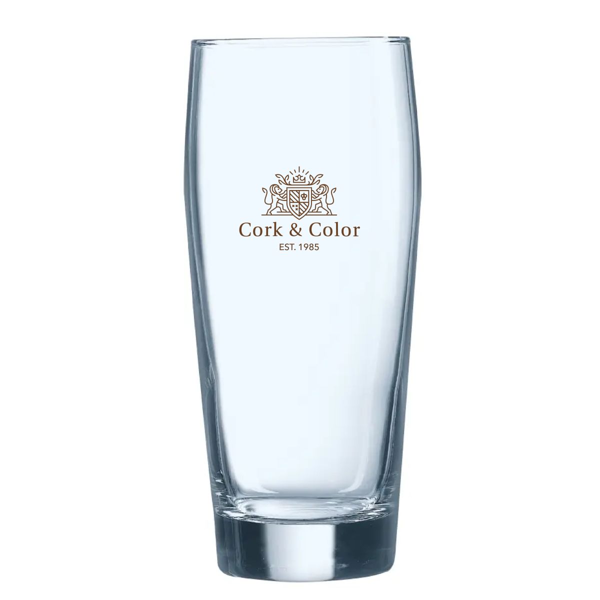 Beer glass Willy 40 cl. printed with one-coloured CorkColor logo on the front of the glass.