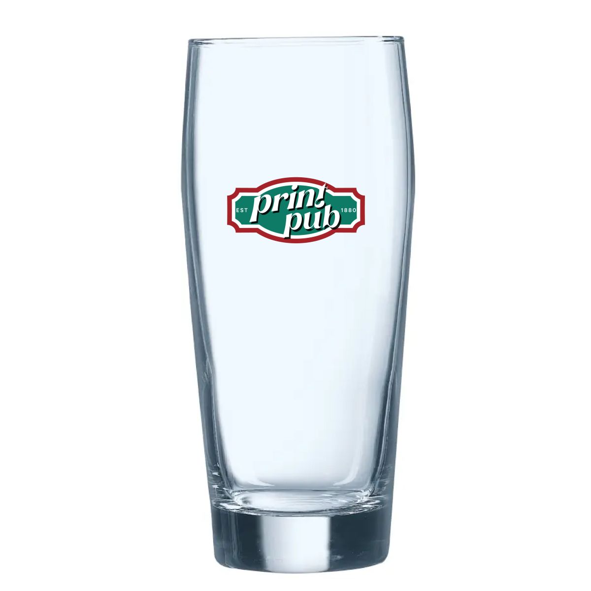 Front view of Willy 40 cl beer glass with multi-coloured PrintPub logo printed in multiple colours.
