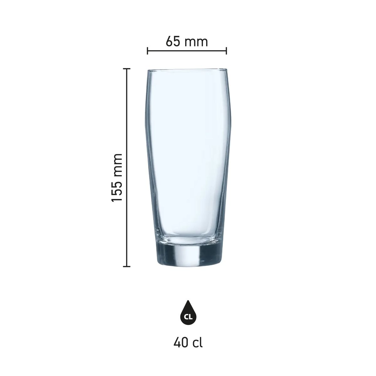 Measurements of the Willy 40 cl beer glass shown in an infographic with scale.