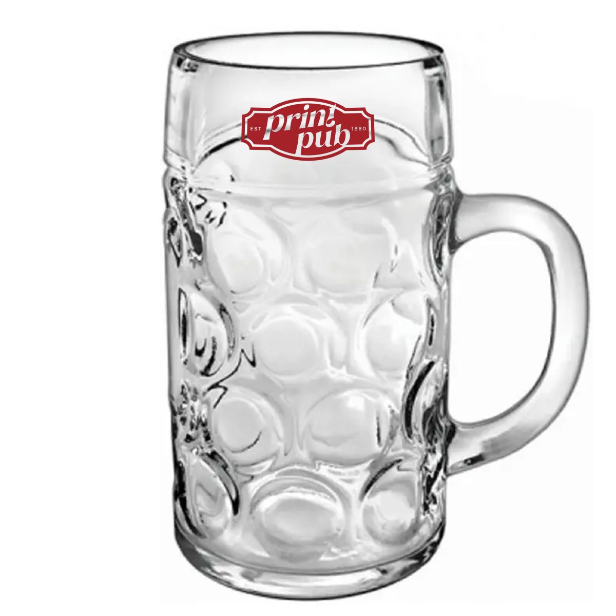 Don bierpul 100 cl bedrukt met rood PrintPub-logo in één kleur op de voorzijde van het glas.