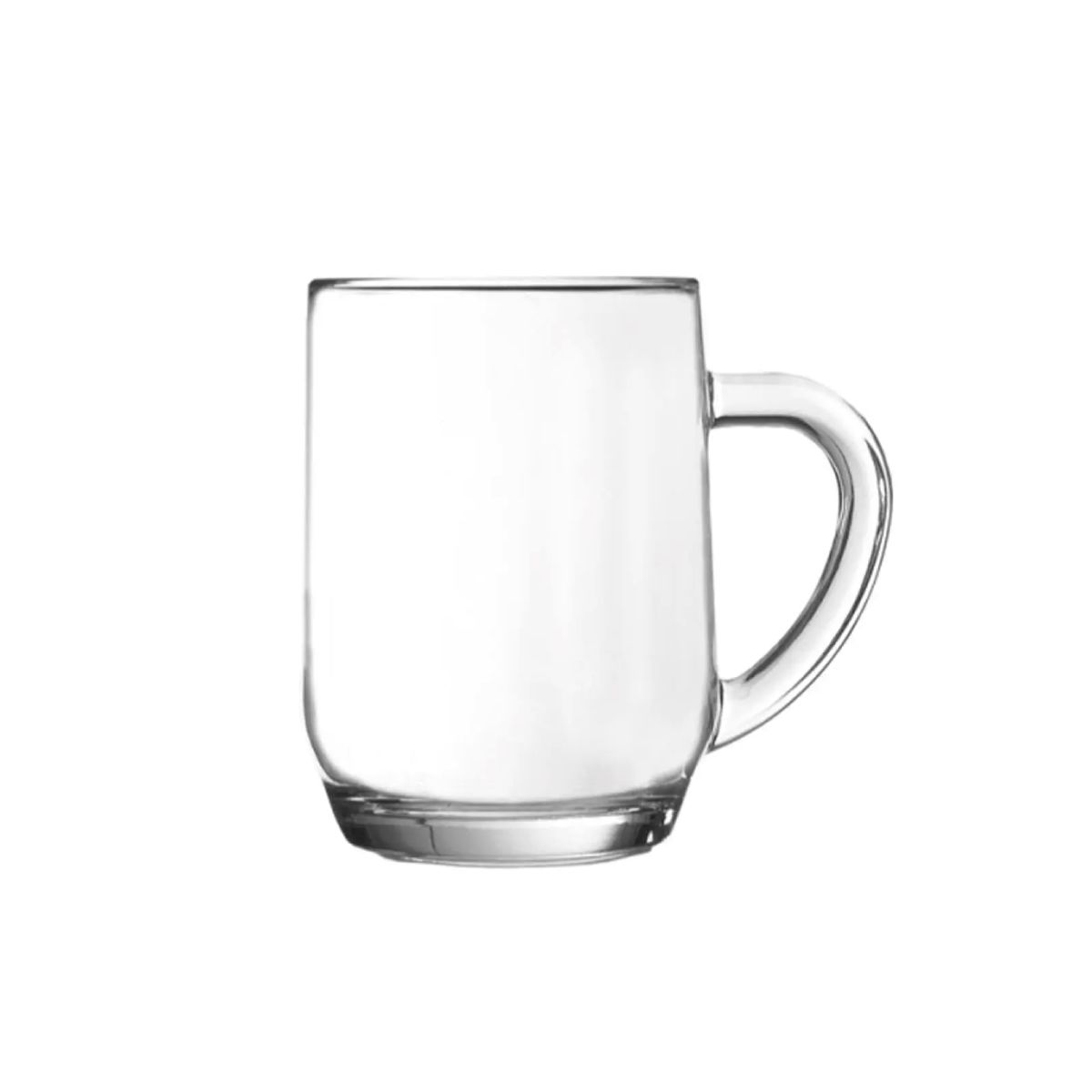 Front view of beer mug Hayworth 28 cl, of clear glass with classic handle. Front view of beer mug Hayworth 28 cl, of clear glass with classic handle.