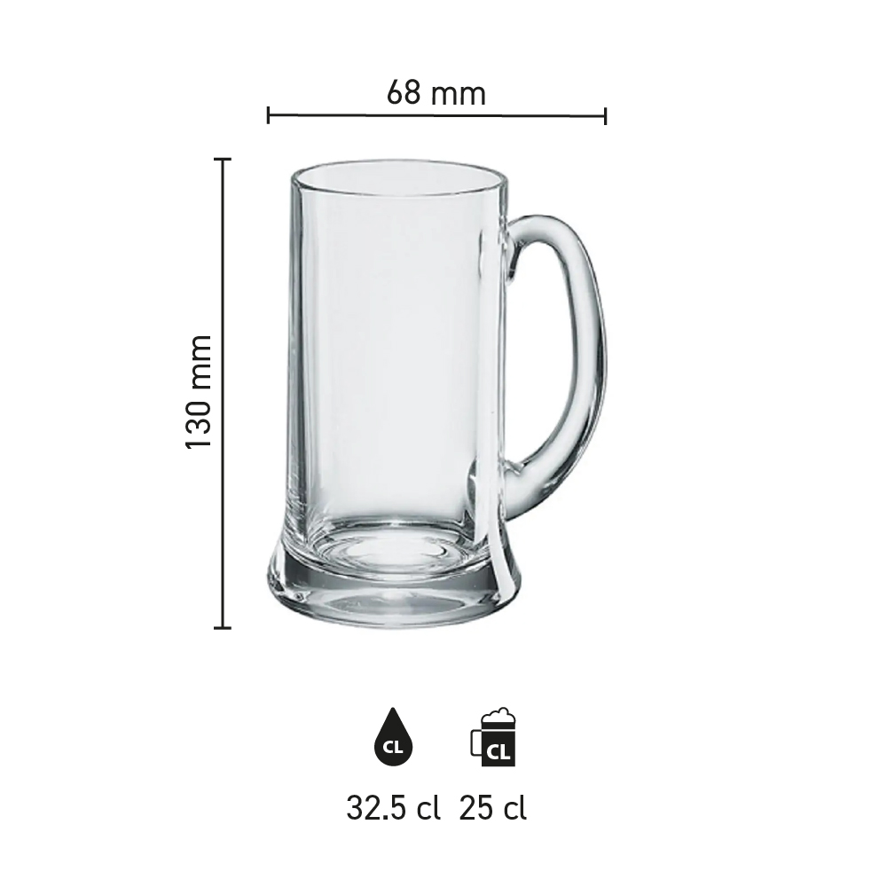 Infographic toont afmetingen van de glazen bierpul Icon 25 cl TAPMAAT met maatstrepen.