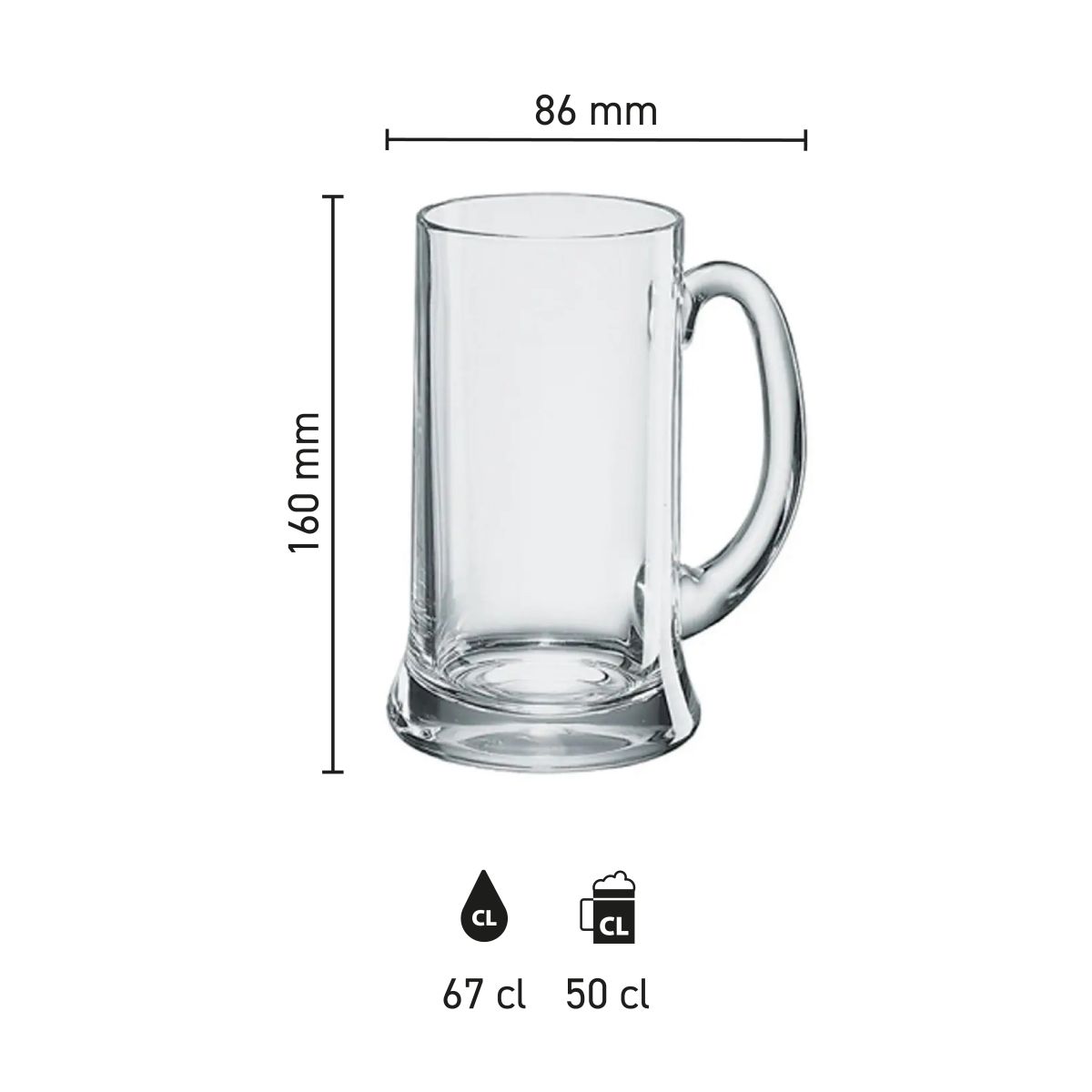 Infographic showing product dimensions of the Icon beer mug 50 cl, including content line.