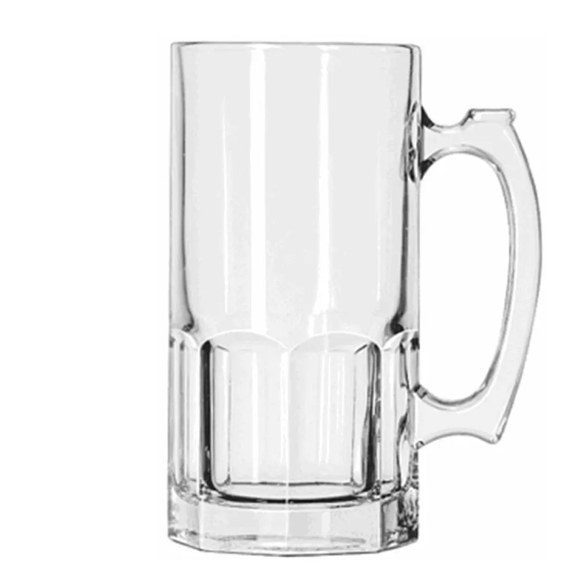 Grote bierpul Libbey 1 liter in transparant glas, frontaal weergegeven met robuust handvat.