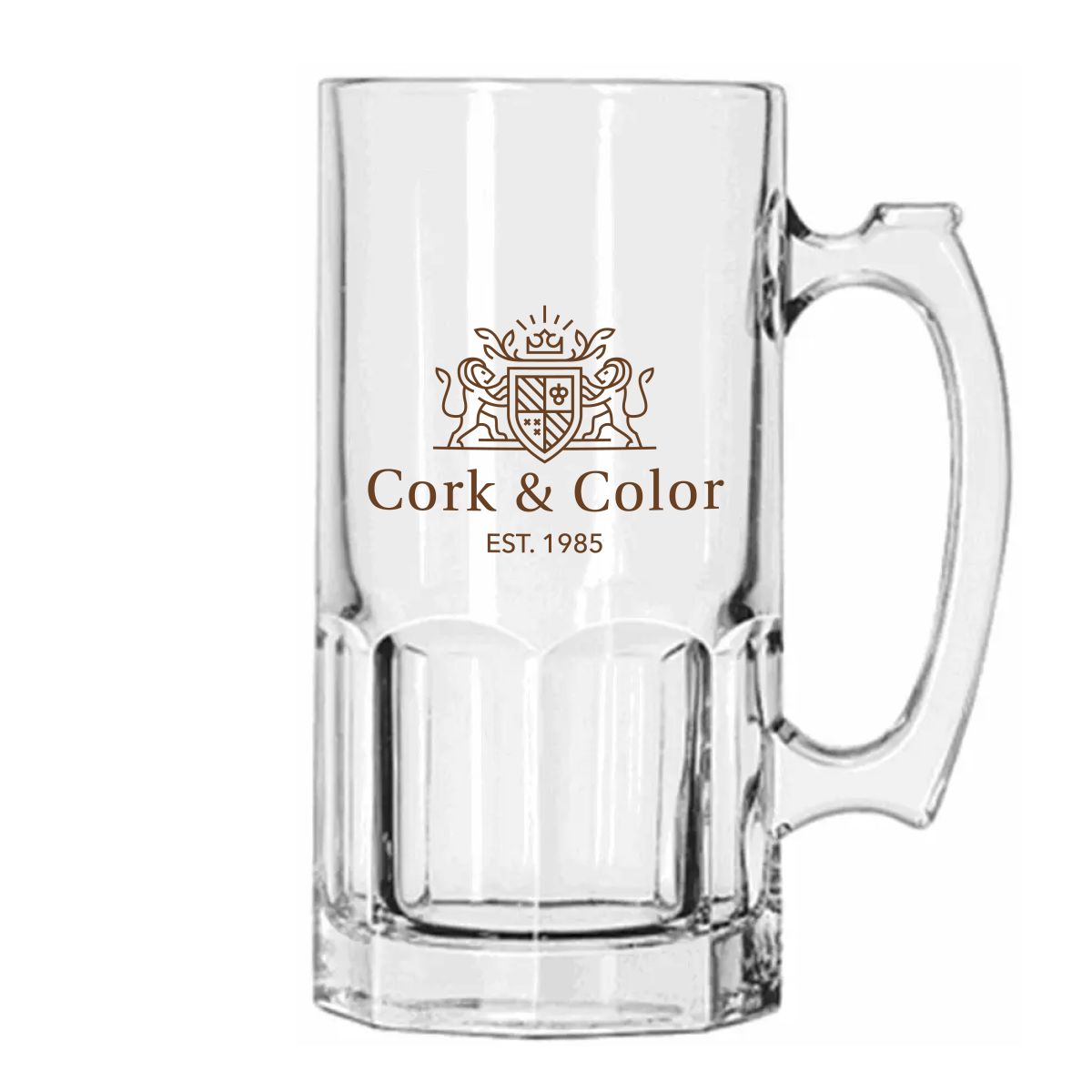 One-colour CorkColor logo printed on the front of the Libbey beer mug 1 litre glass.