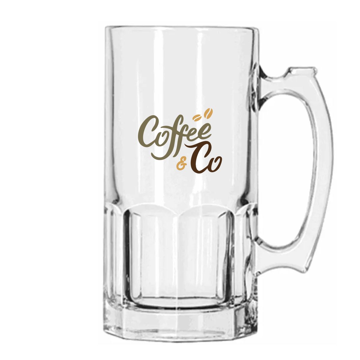 Libbey beer mug 1 litre with multicoloured CoffeeCo logo printed on the front face.