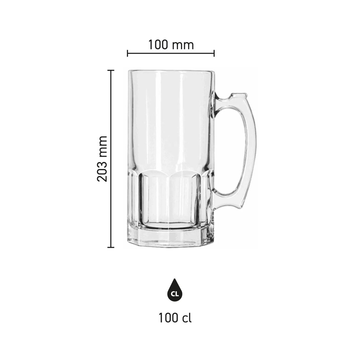 Infographic of the beer mug Libbey 1 litre with dimensions and content indication.