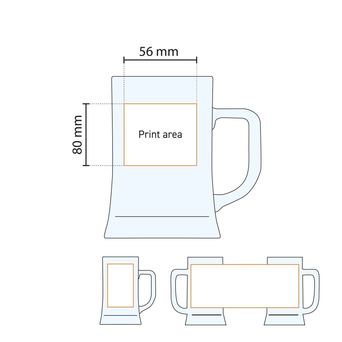 Technische werktekening van bierpul Maxim 68 cl., met aanduiding van drukgebied voor bedrukking.