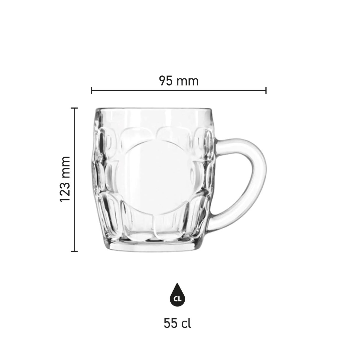 Infographic showing height, diameter and capacity measure of beer mug October 55 cl made of glass.