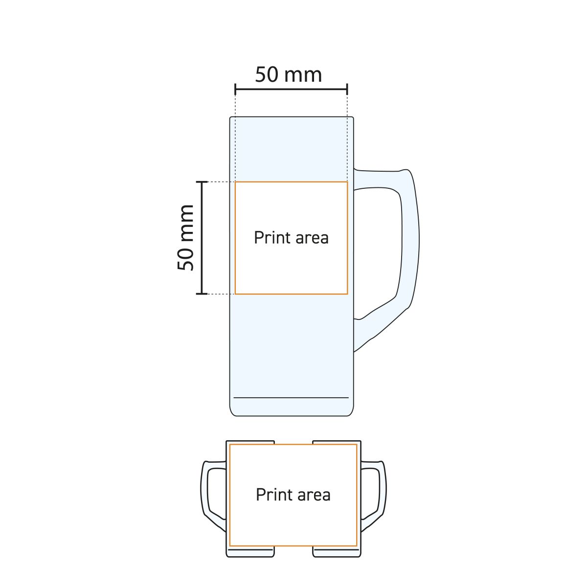 Printing area and printing position of the Reno beer mug 30 cl shown in working drawing.