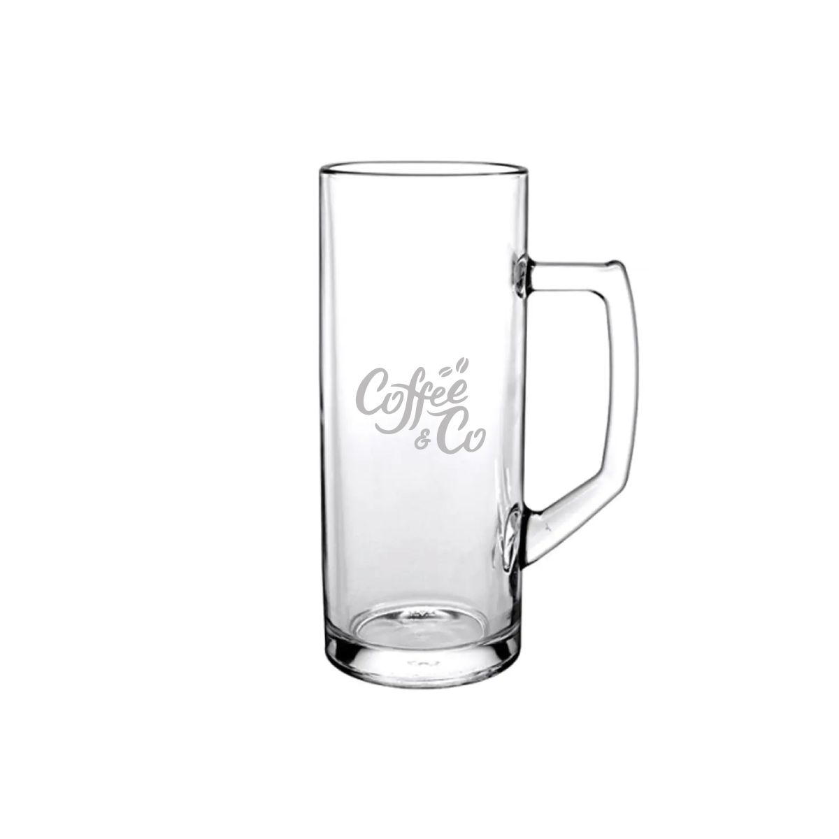 Front of Reno beer mug 30 cl. features glass engraving with CoffeeCo logo.