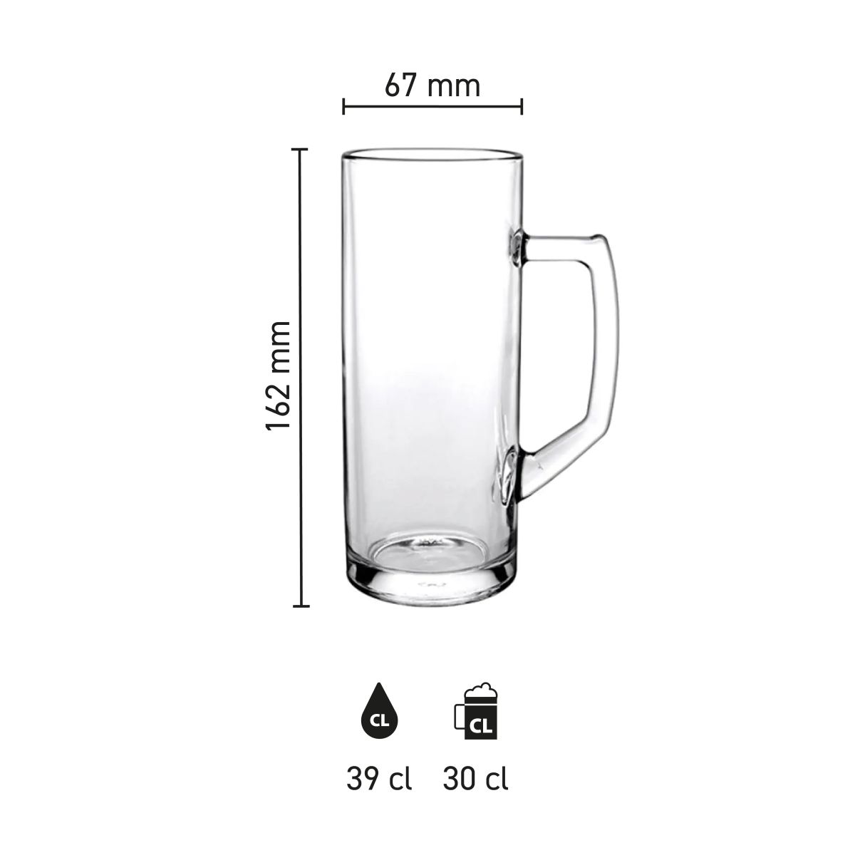 Infographic showing dimensions of beer mug Reno 30 cl tap size, such as height and capacity.