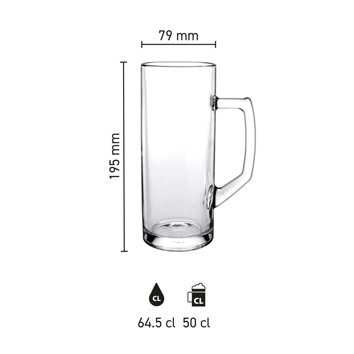 Infographic met technische afmetingen van de Reno bierpul 50 cl., inclusief tapmaatmarkering.