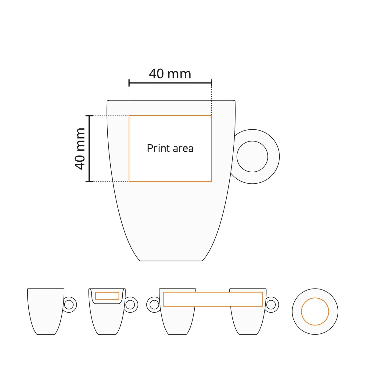 Printing area of Bola Cappuccino cup high white 25 cl porcelain visible in working drawing.
