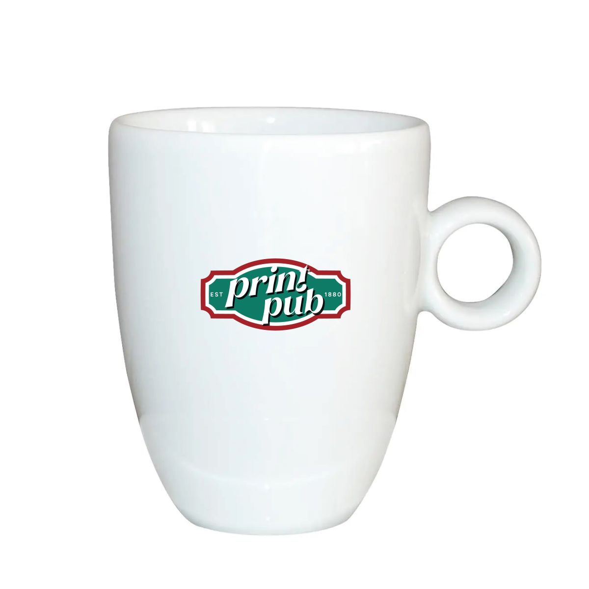 Front of Bola Cappuccino cup 25 cl with PrintPub logo in multiple colours on smooth white porcelain.