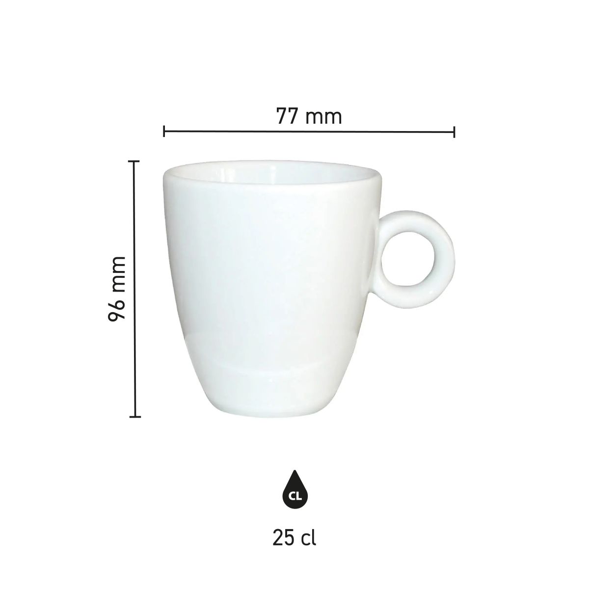 Infographic with dimensions of Bola Cappuccino cup high white 25cl porcelain shows height and diameter.