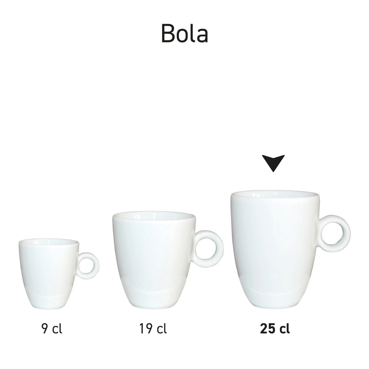 Several white Bola Cappuccino cups arranged in series for product overview.