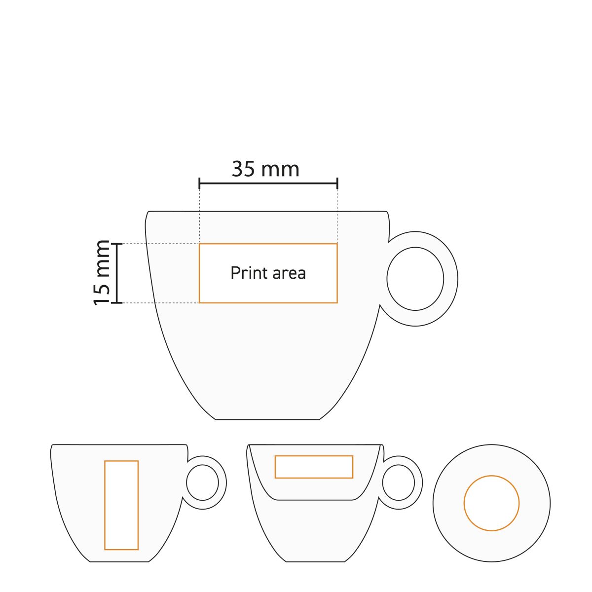 Technical working drawing of the printing area on the Bola espresso 8 cl. porcelain set.