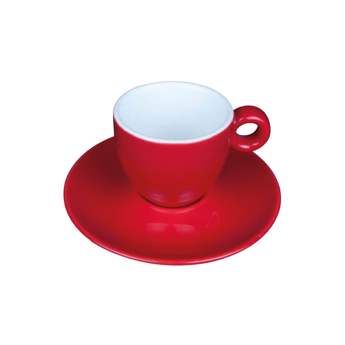 Bola Set 8 cl. in front view, red and white porcelain with smooth surface.