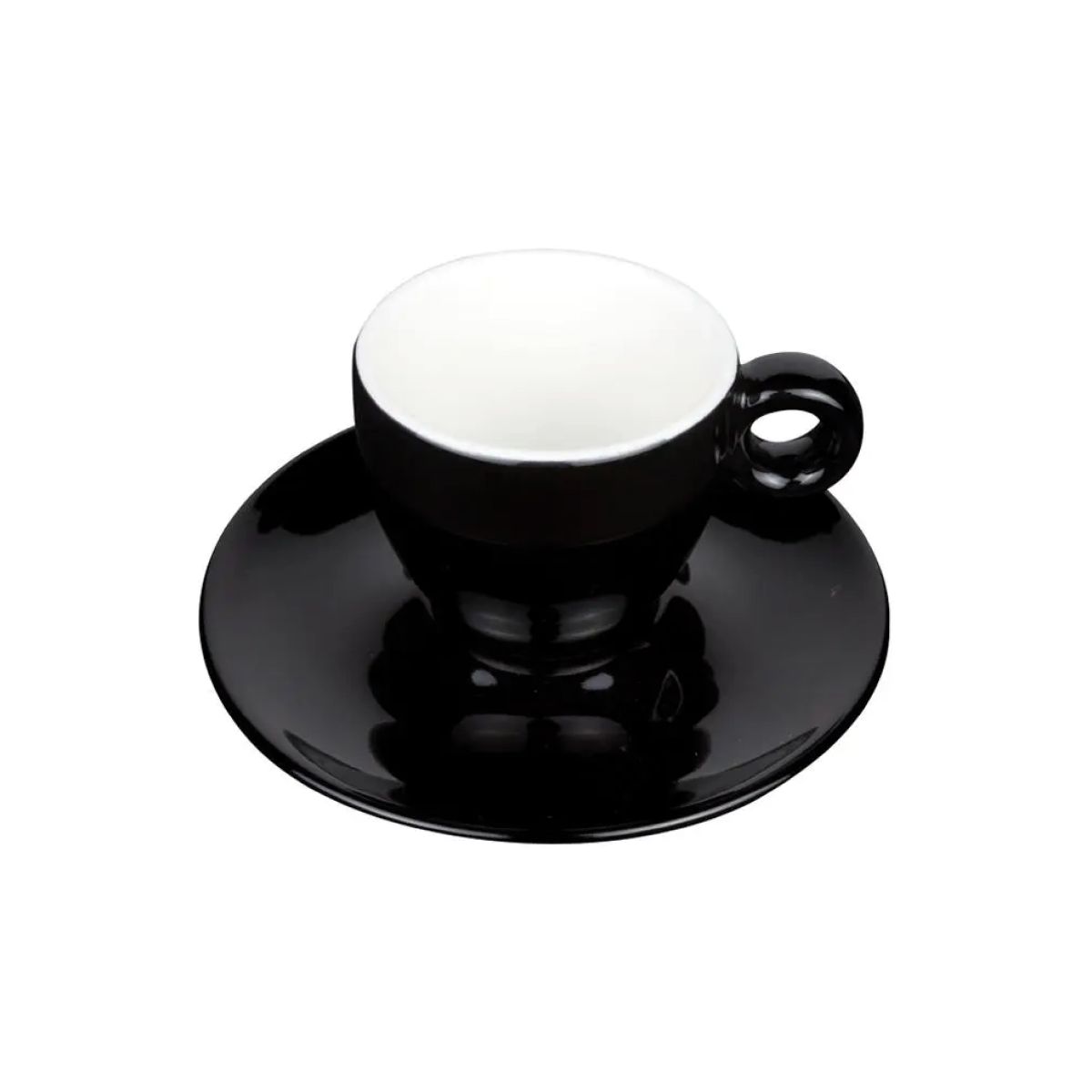 Bola Set 8 cl. in front view, black and white porcelain with smooth surface.