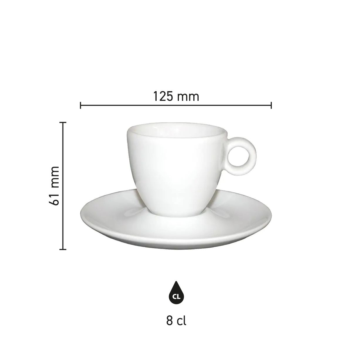 Infographic showing dimensions of Bola espresso cup 8 cl, porcelain, including contents.
