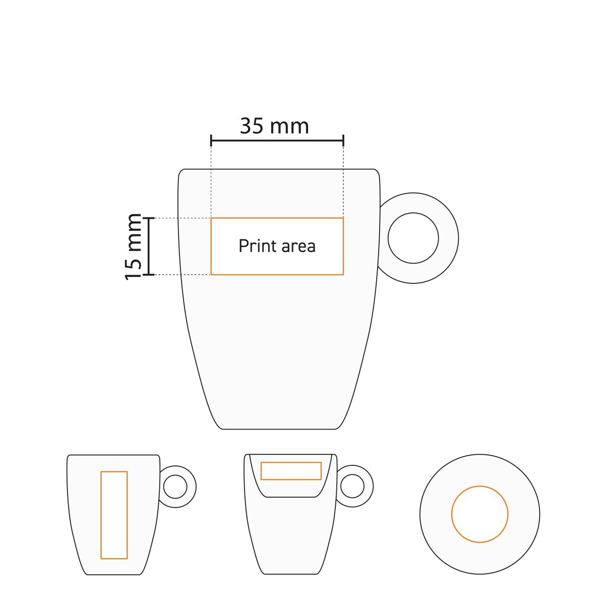 Technical working drawing with printing area for printing on the Bola espresso 9 cl. set.