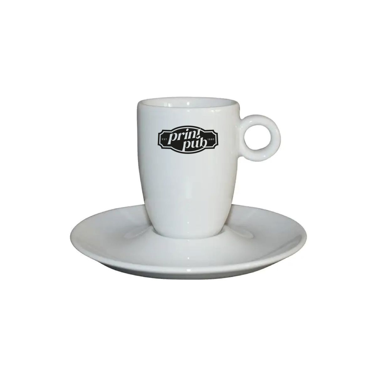 PrintPub logo in one colour on the front of the Bola espresso 9 cl. set, white porcelain.