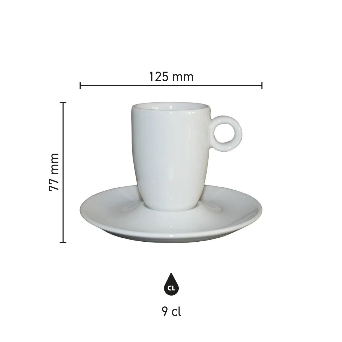 Infographic showing product dimensions of the Bola espresso high white 9 cl. set, with height and capacity.