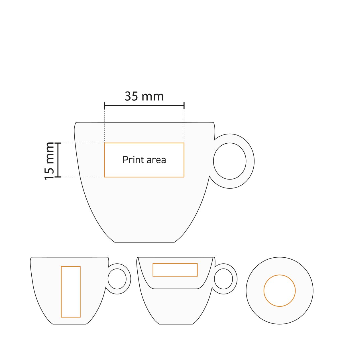 Technical working drawing with printing area on the front of Bola espresso cup 8 cl in white porcelain.