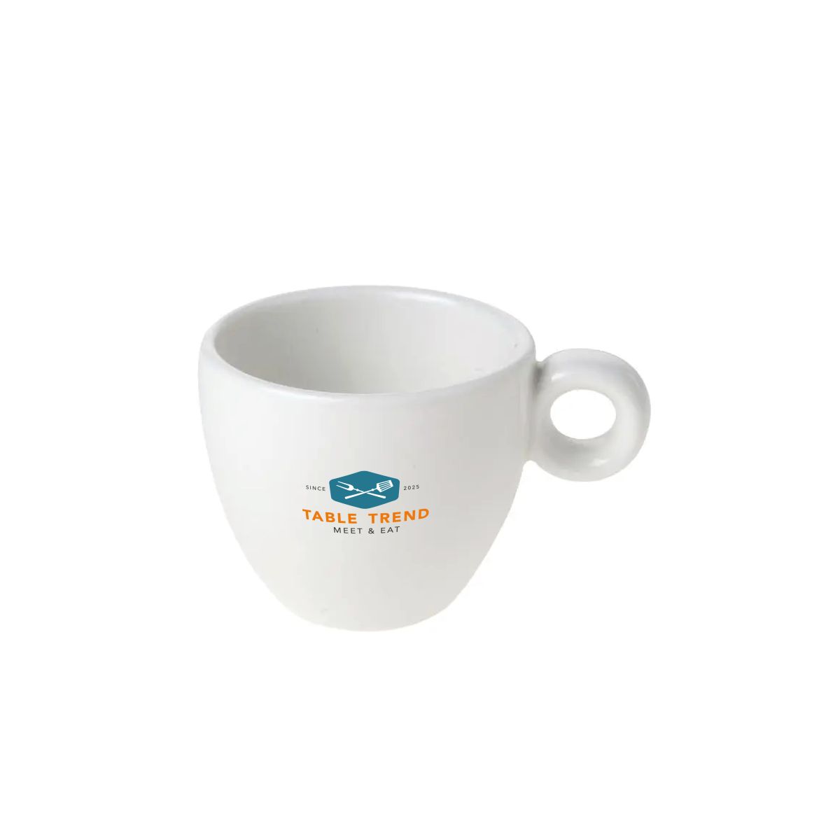Bola espresso cup 8 cl in porcelain with multicoloured Tabletrend logo prominently displayed on the front view.