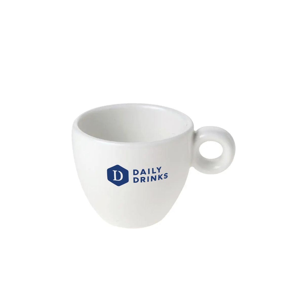 Porcelain Bola espresso cup 8 cl with blue Daily Drinks logo in one colour visible on the front.