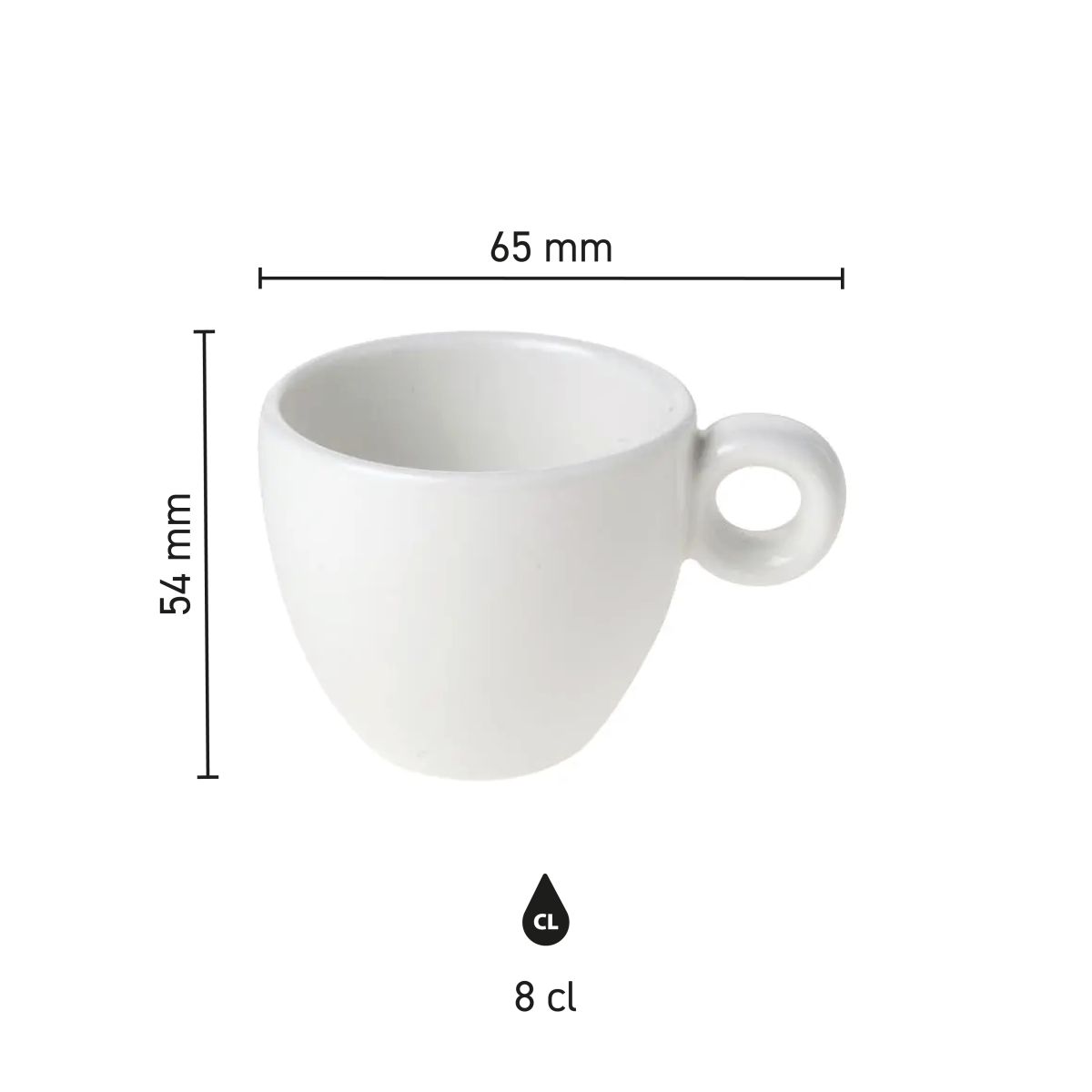 Infographic shows detailed dimensions of the Bola espresso cup 8 cl porcelain including height and diameter.